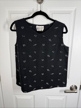 David Dart black linen tank with white embroidered music notes size small